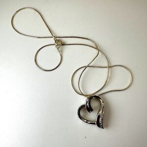 SALE! 16" Solid Sterling Silver Heart with black/white diamonds necklace!